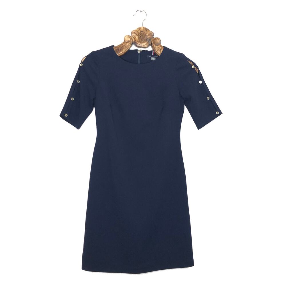 Tommy Hilfiger Peek-a-boo Button Sleeve Navy Sheath Yacht Club Preppy 2